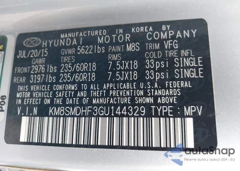 2016 Hyundai Santa Fe Se from USA, damaged, VIN KM8SMDHF3GU144329